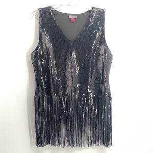 Womens Vince Camuto Sequin Fringe Sleeveless Top Black Large NWT